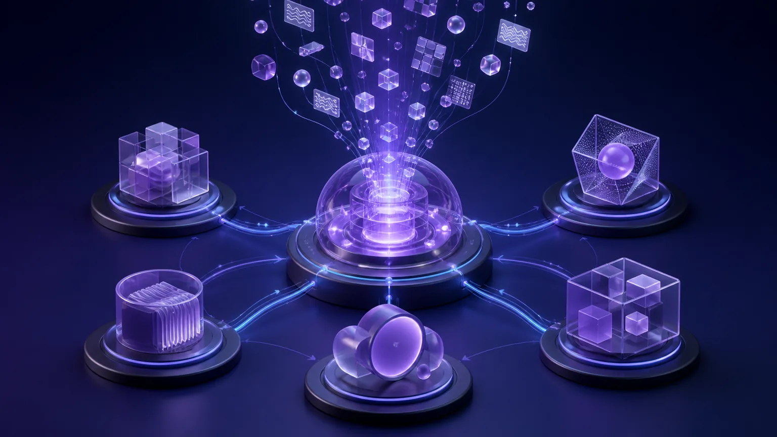 Conceptual illustration of a research and experimentation core connected to independent modules, representing new proprietary products and ventures.